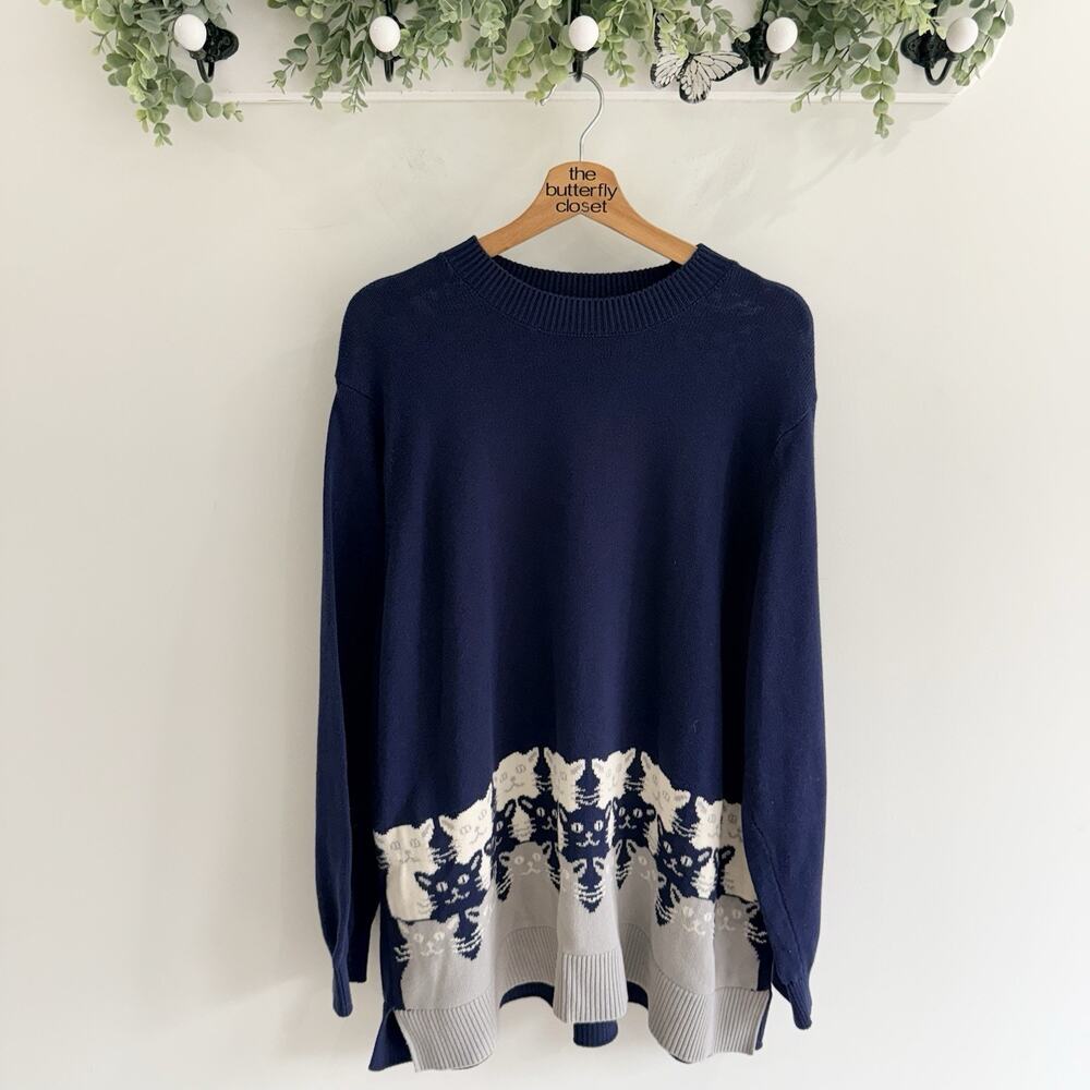 ModCloth Cats on Cats Mock Neck Knit Sweater Navy Blue Size 3XL J4893